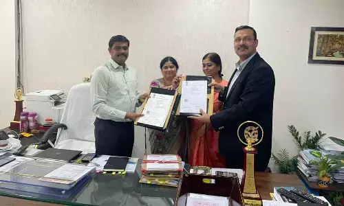 Officials of AP NHM and ECHO India exchanging MoU at APIIC Building in Mangalagiri on Friday