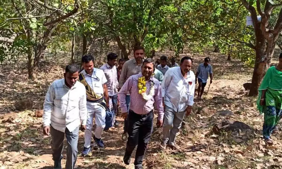 ITDA Project Officer R Gopalakrishna and other officials trekking to reach Neredubanda village recently