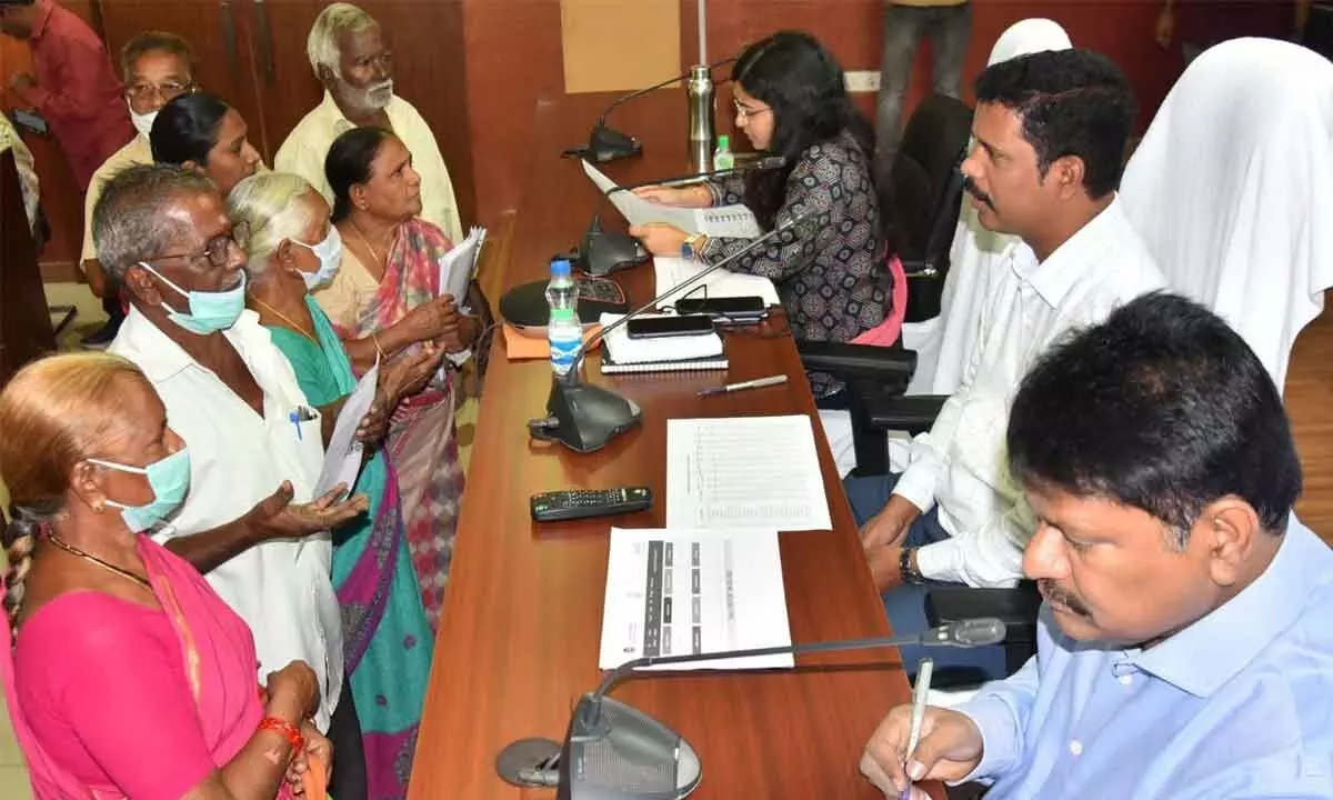 NTR district Collector S Dilli Rao receiving petitions from the public during Spandana programme in Vijayawada on Monday