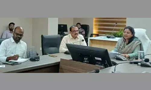 The Director, Technical Education, Chadalavada Nagarani, virtually addressing the principals of government polytechnic colleges from Mangalagiri on Monday