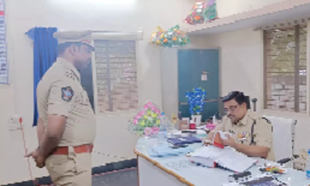 District Superintendent of Police M Ravindranath Babu inspecting Peddapuram police station on Tuesday