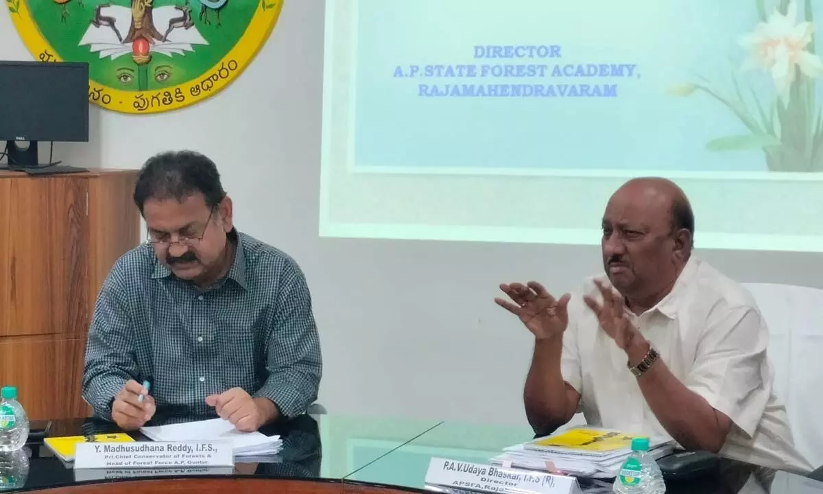 Principal Chief Conservator of Forests and Head of Forest Forces (HoFF) Y Madhusudan Reddy, Director PAV Udaya Bhaskar participating in the AP State Forest Academy Board of Control meeting held in Rajahmundry on Tuesday