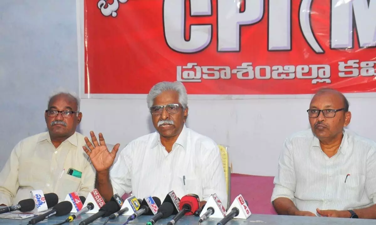 CPM state secretary V Srinivasa Rao speaking at a press meet in Ongole on Wednesday
