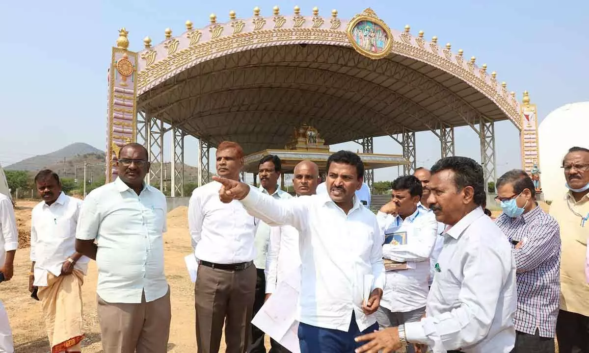 TTD JEO V Veerabrahmam along with officials on Wednesday inspecting the arrangements being made at Sri Kodandarama temple in Vontimitta for the nine-day annual Brahmotsavams
