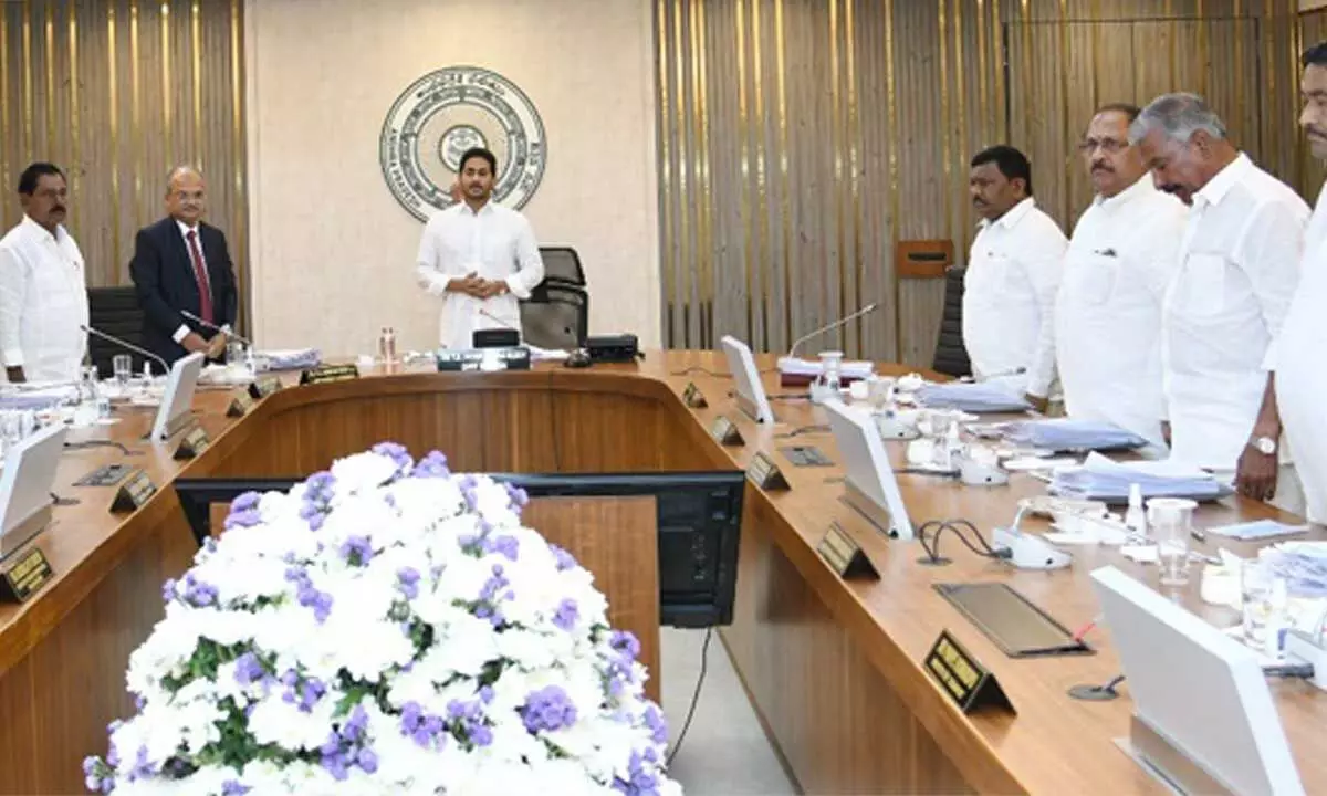 Chief Minister Y S Jagan Mohan Reddy and his Cabinet colleagues observe a two-minute silence in a mark of respect to Telugu personalities who departed recently, during the Cabinet meeting at the Secretariat on Wednesday