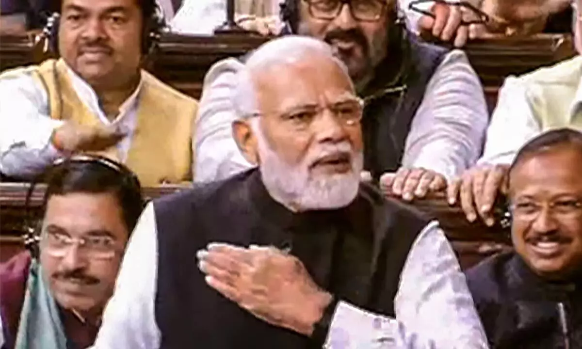 Prime Minister Narendra Modi replies to the Motion of Thanks on the Presidents address in the Rajya Sabha during Budget Session of Parliament, in New Delhi on Thursday