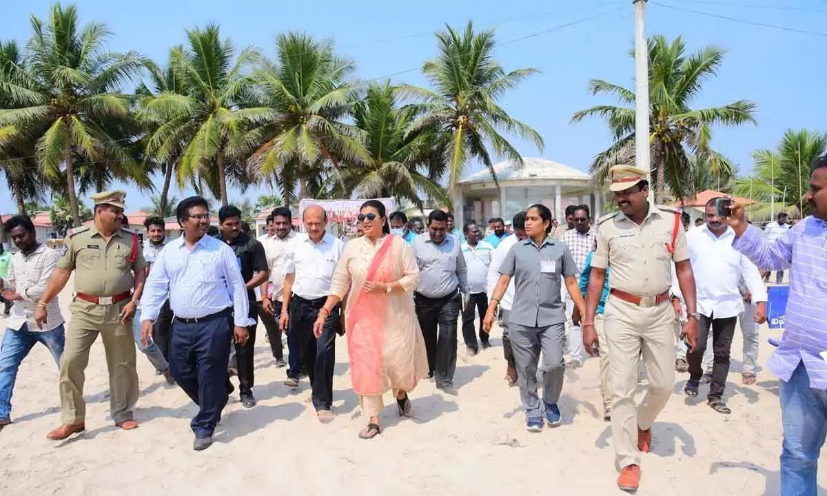 Minister for Tourism R K Roja visiting Suryalanka Beach in Bapatla district on Thursday