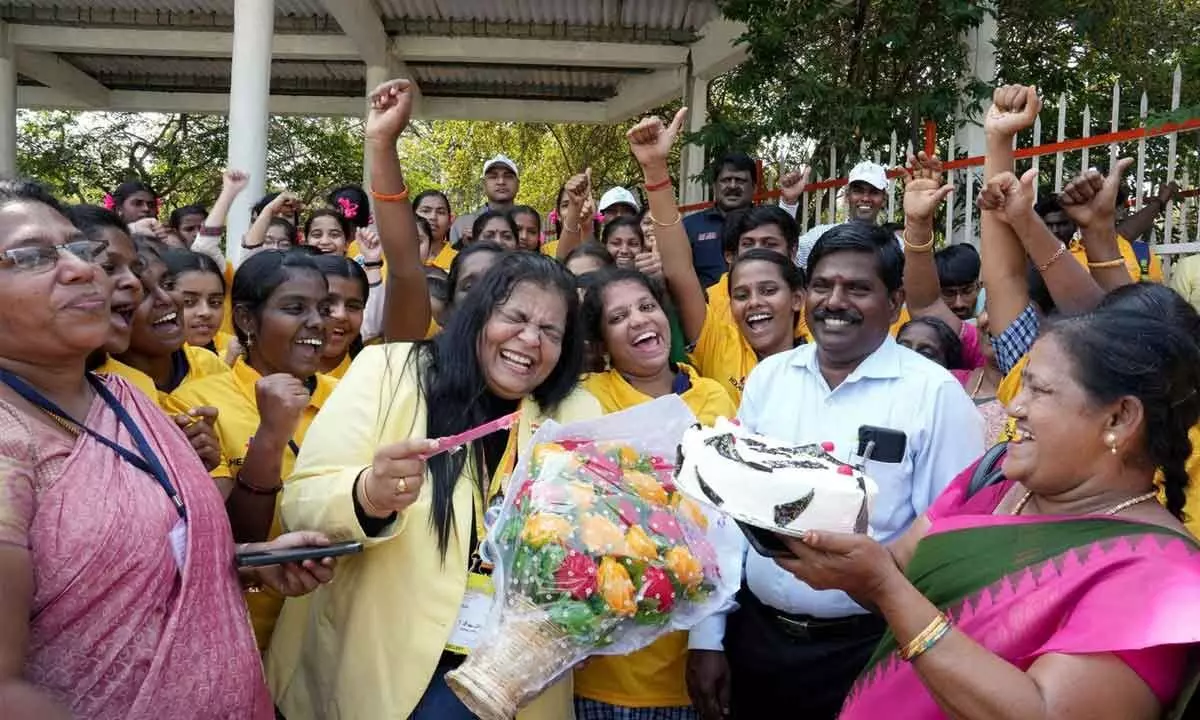 Space Kidz India CEO Srimathy Kesan and the students who designed ISROs AzaadiSAT celebrate after the launch of Small Satellite Launch Vehicle SSLV-D2 carrying EOS-07, Janus-1 and AzaadiSAT-2 satellites from Satish Dhawan Space Station, in Sriharikota on Friday