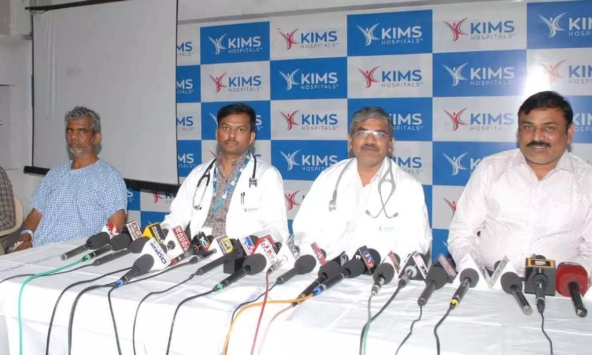 The team of doctors explaining the details of advanced heart surgery at KIMS Ongole on Friday