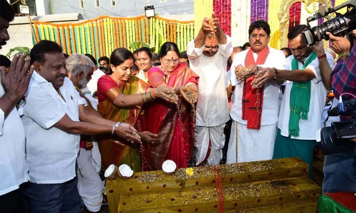 City MLA Bhumana Karunakar Reddy along with Mayor Dr R Sirisha, temple committee Chairman Gopi Yadav performing Shilanyas for the reconstruction of Gangamma temple in Tirupati on Friday.­