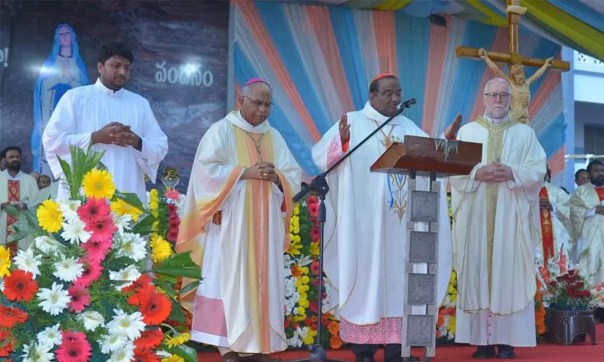 Hyderabad Archbishop Rev P Antony speaking at the valedictory session of the Mary Matha festival in Vijayawada on Saturday