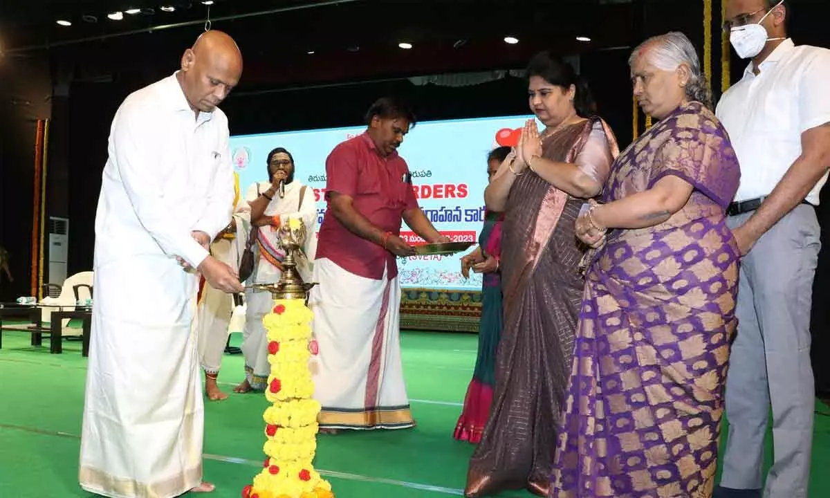 TTD EO A V Dharma Reddy lighting the lamp to mark the inauguration of an awareness programme on lifestyle disorders in Tirupati on Saturday