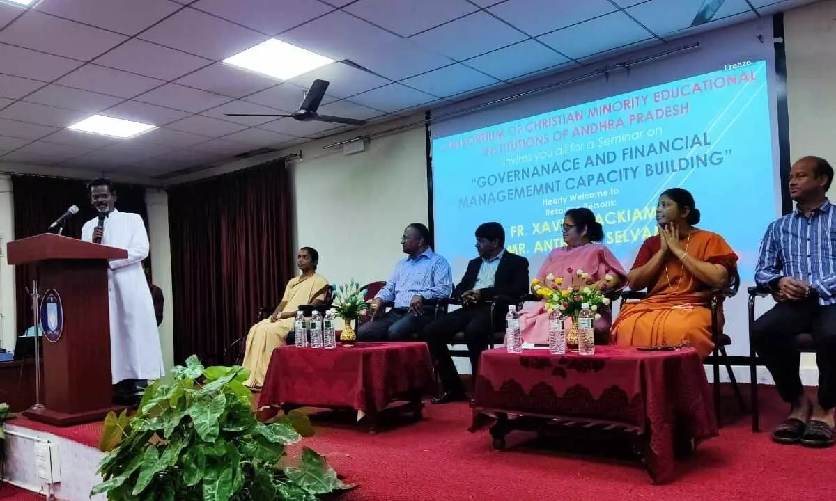 Rector of Don Bosco School from Chennai Dr Fr Xavier Packiam speaking at a workshop at Andhra Loyola College in Vijayawada on Sunday