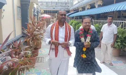 High Court Justice U Durga Prasad at Sri Kanaka Durga temple in Vijayawada on Sunday