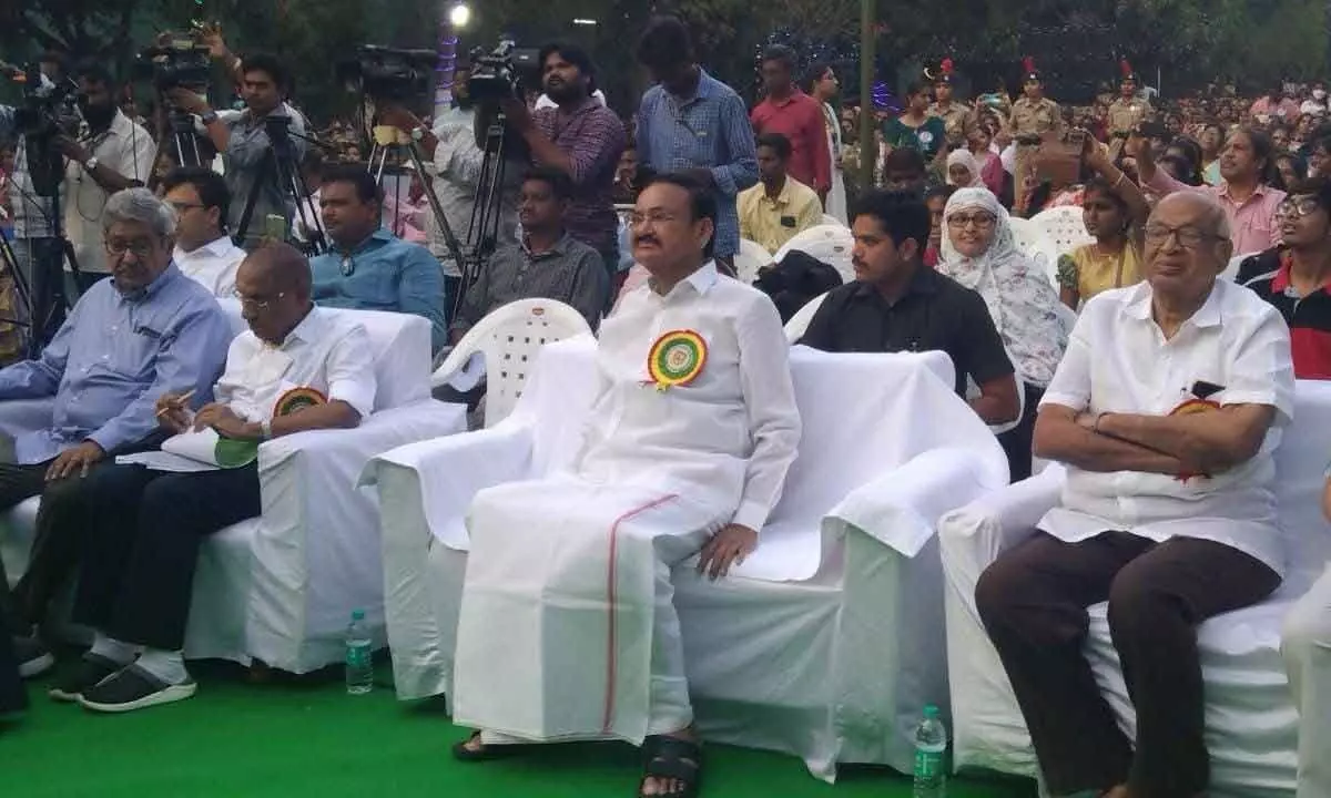 Former Vice-President M Venkaiah Naidu at Siddharth Mahila College in Vijayawada on Monday