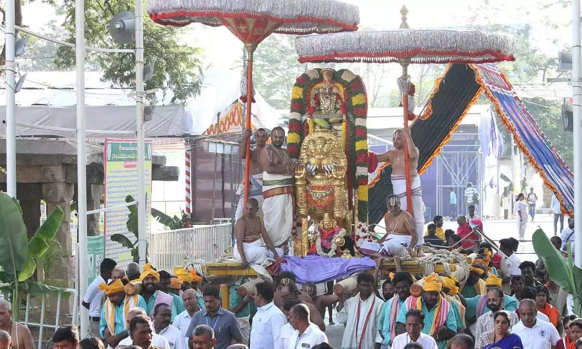 Lord as Yoga Narasimha blesses devotees from atop Simha Vahanam