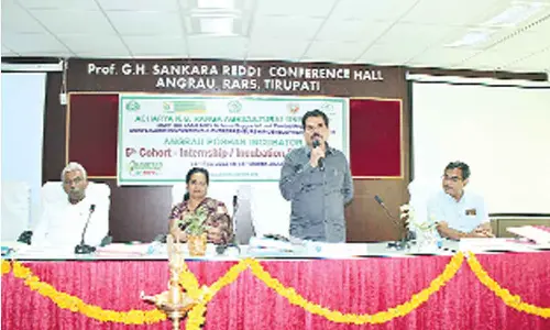 Associate Director of Research Dr C Ramana, SPMVV Registrar Prof N Rajani and others at the inaugural ses­­­sion of the  5th cohort – internship/incubation programme at ANGRAU in Tirupati on Monday