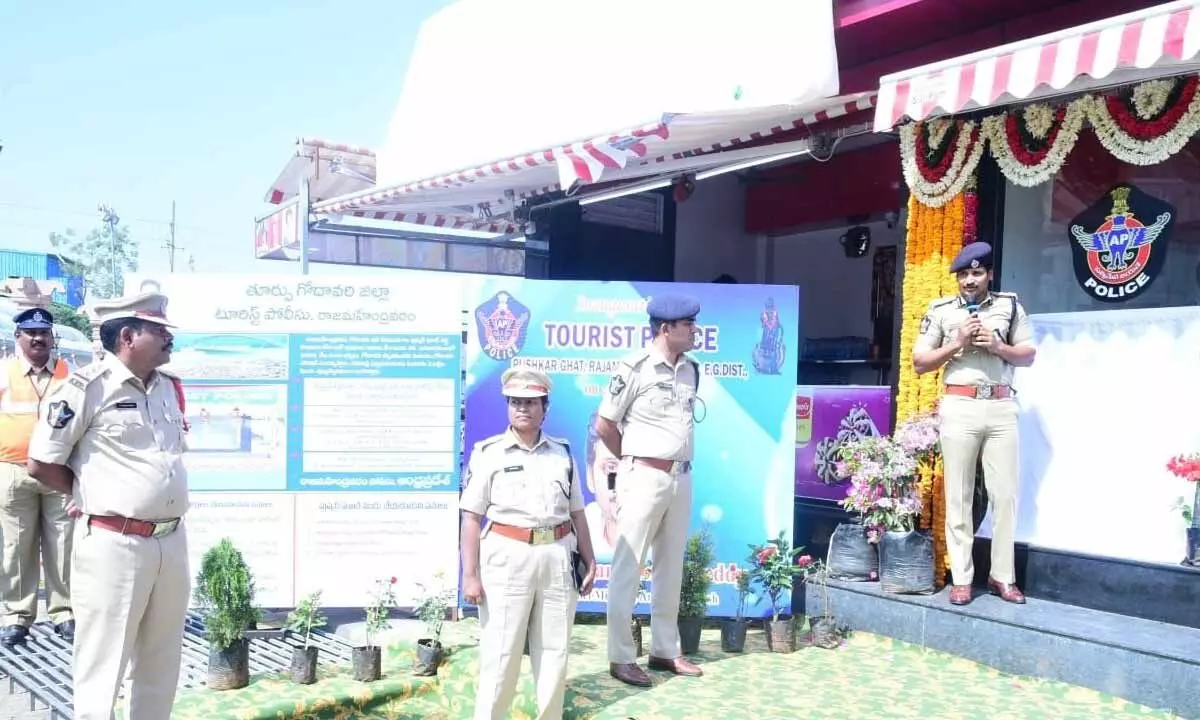 District in-charge SP Sudhir Kumar Reddy speaking at Tourist Police Station at Pushkar Ghat in Rajahmundry on Tuesday