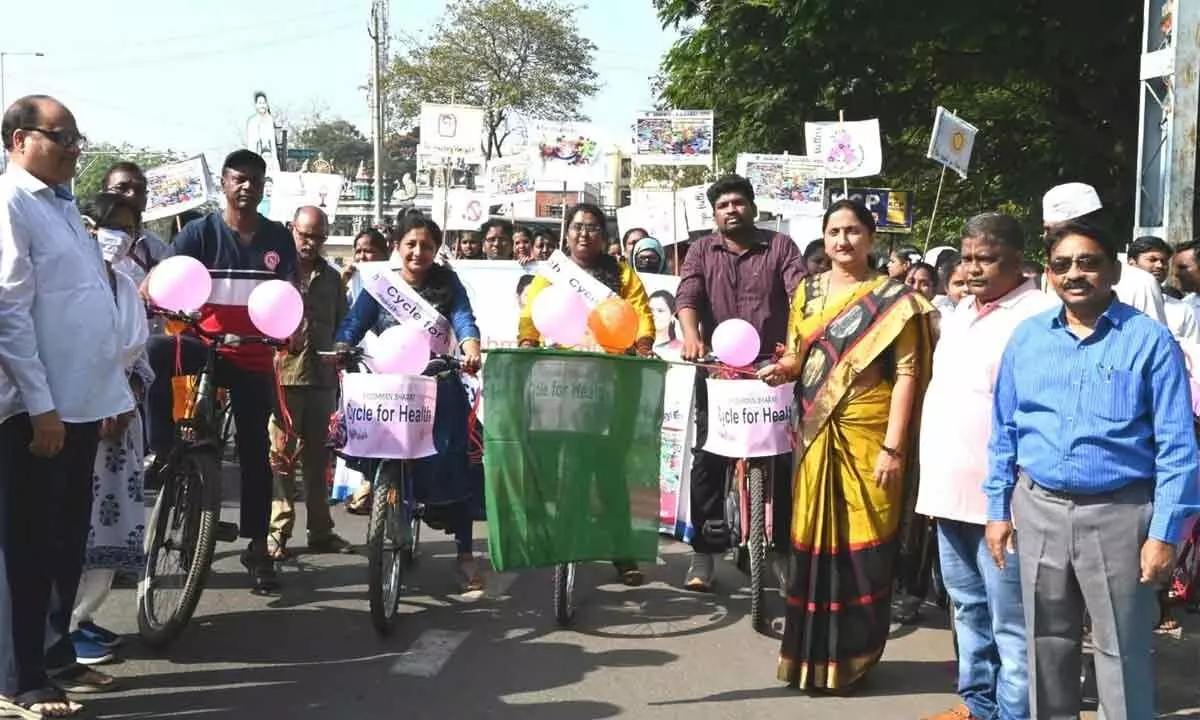 District Collector Dr K Madhavi Latha flagging off a cycle rally in Rajamahendravaram on Tuesday