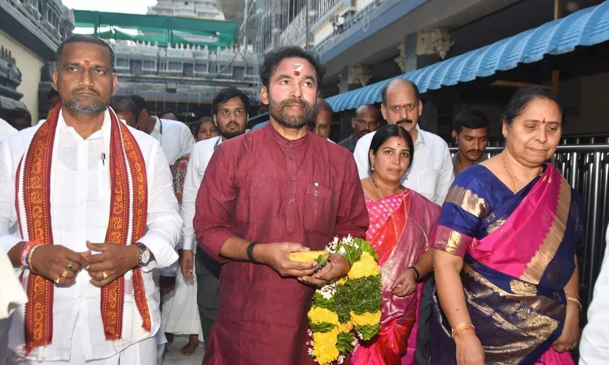 Union Minister G Kishan Reddy visiting Kanaka Durga temple in Vijayawada on Tuesday