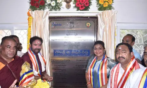 Union Minister for Tourism G Kishan Reddy and AP Tourism Minister RK Roja inaugurating Dhyana Buddha Vanam in Amaravati on Tuesday
