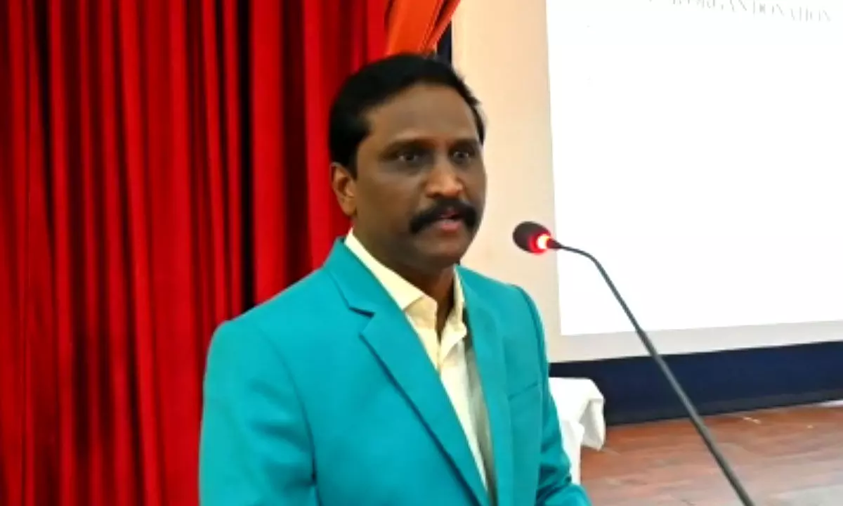 Chief transport coordinator of AP Jeevandan Dr K Rambabu at an awareness meeting in Tirupati on Wednesday