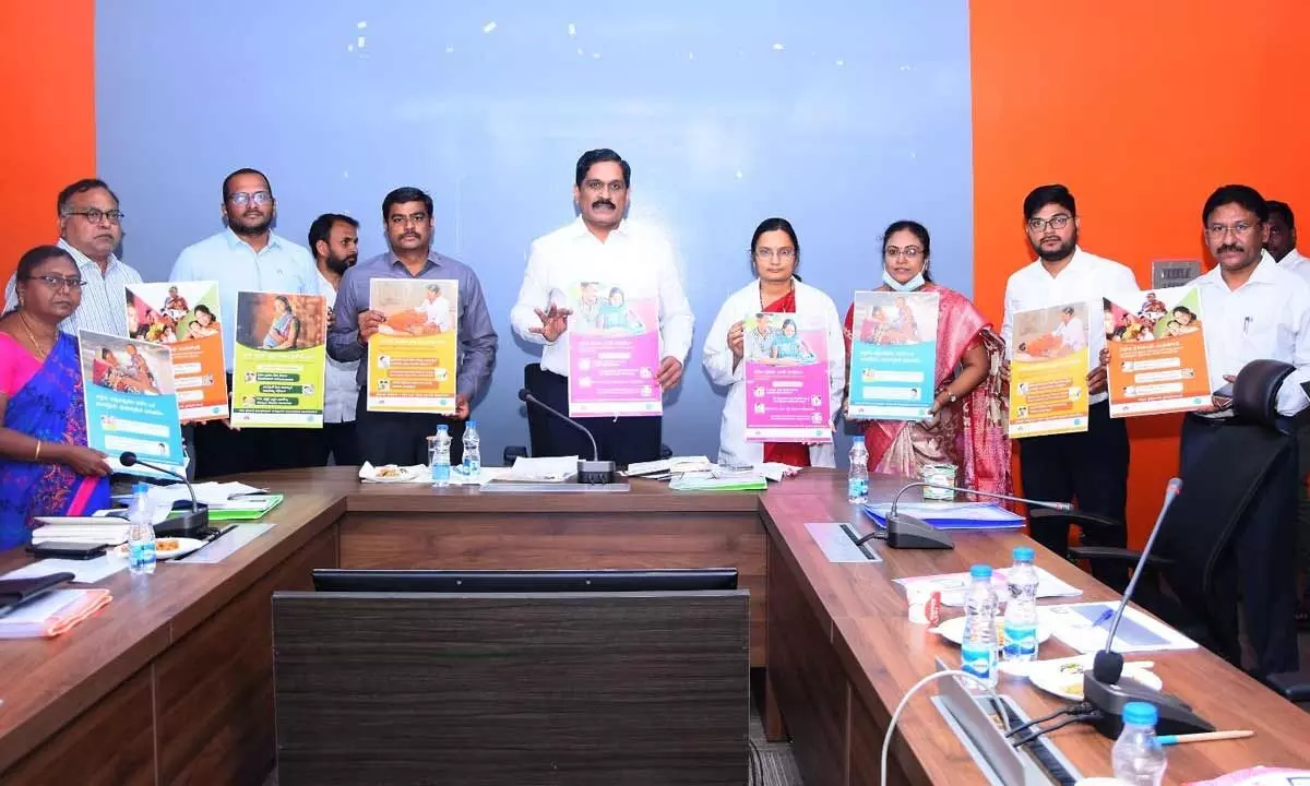 Medical and health department principal secretary of the MT Krishna Babu releasing WHO posters on Caesarean operations  at Mangalagiri on Wednesday