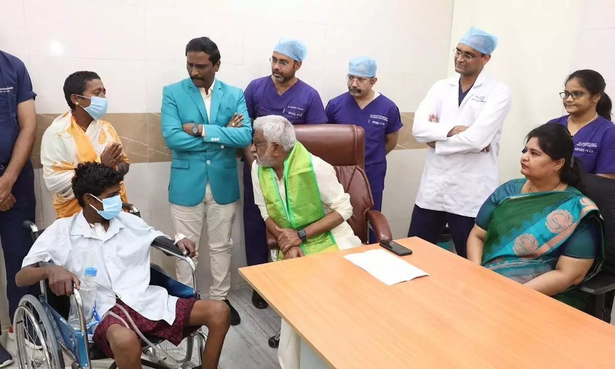 TTD Chairman Y V Subba Reddy interacting with Visweswaraiah,16, who underwent heart transplantation last month at Sri Padmavathi Children’s Heartcare Centre in Tirupati on Wednesday