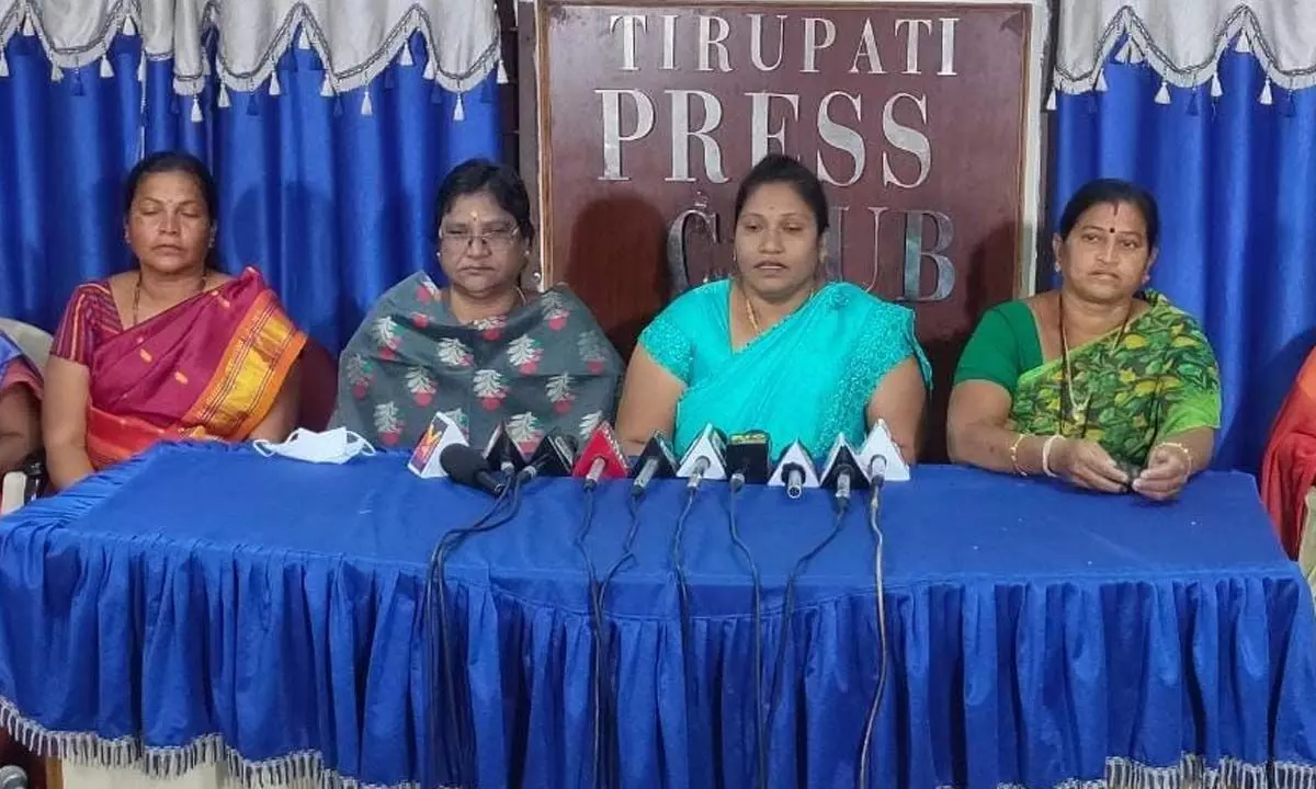 TDP women leaders speaking to media in Tirupati on Wednesday