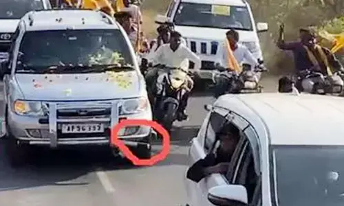 The damaged bumper of TDP chief  N Chandrababu Naidu’s vehicle after it collided with another car in the convoy  near Burugupudi village on Wednesday