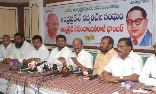 AP Panchayat Raj Chamber president YVB Rajendra Prasad speaking at a press meet in Ongole on Wednesday