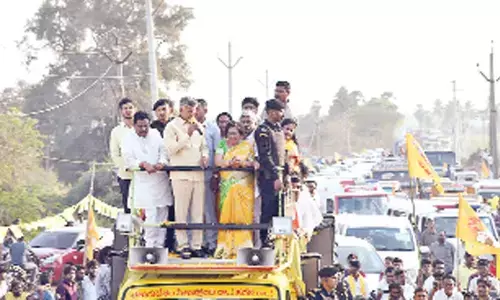 TDP national president N Chandrababu Naidu speaking at a roadshow along with Peddapuram MLA Nimmakayala Chinarajappa in Gokavaram mandal on Wednesday