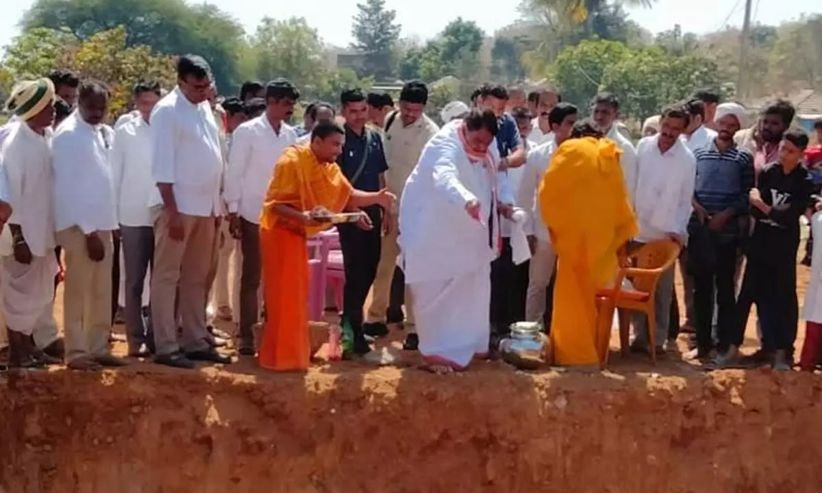 State Assembly Speaking Pocharam Srinivasa Reddy participating in the bhoomi puja for the development works in Banswada constituency on Thursday