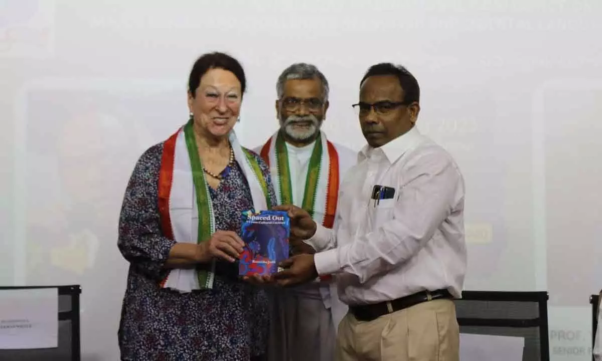 German writer Roswitha Joshi along with Andhra University Vice-Chancellor Dr P Rajasekhar and Principal GAP Kishore releasing her book Spaced Out’ at Andhra Loyola College in Vijayawada on Thursday