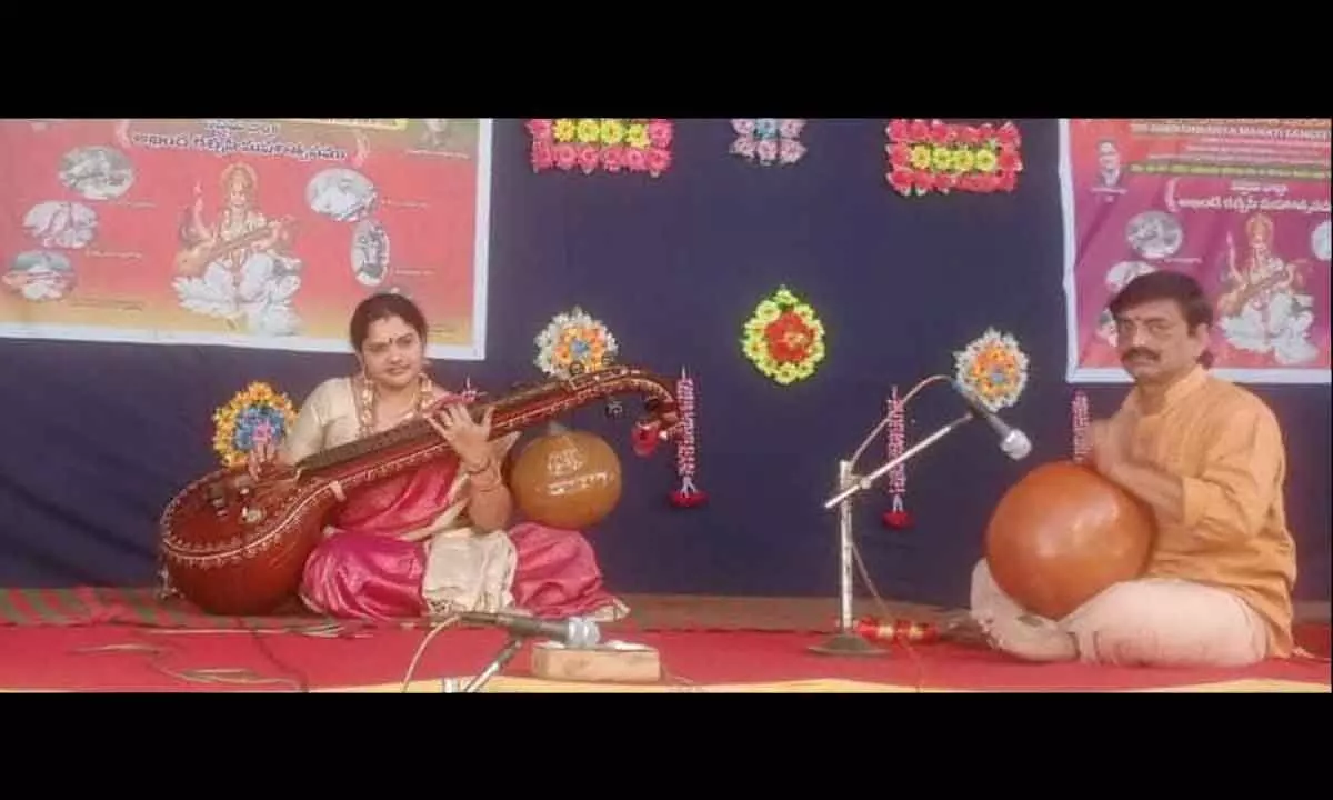 An artiste playing Veena during a concert at Ghantasala Venkateswara Rao Government Music and Dance College in Vijayawada