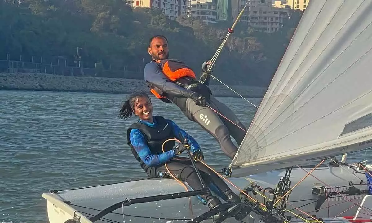 Preethi Kongara of Telangana and her crew Sudanshu Shekhar of the Navy selected for the Hangzhou Asian Games 2023 heading ashore after their win at Bombay