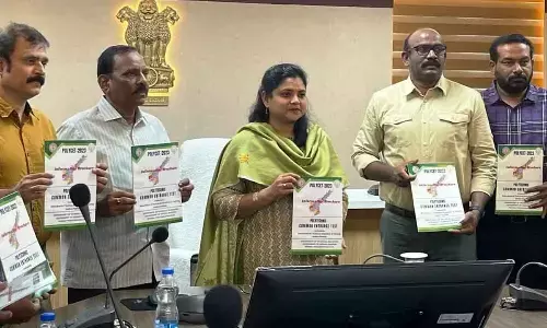 Commissioner of technical education Chadalavada Nagarani, joint director Padma Rao, State Technical Education and Training Council secretary Vijaya Bhaskar and others launching online application process of Polycet-2023 in Vijayawada on Thursday
