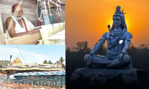 Prudhvi Venkateswarlu weaving the cloth at his home in Hastinapuram; File photo of the cloth covering Navanandis as a canopy on sanctum sanctorum of Bhramaramba Mallikarjuna Swamy temple in Srisailam