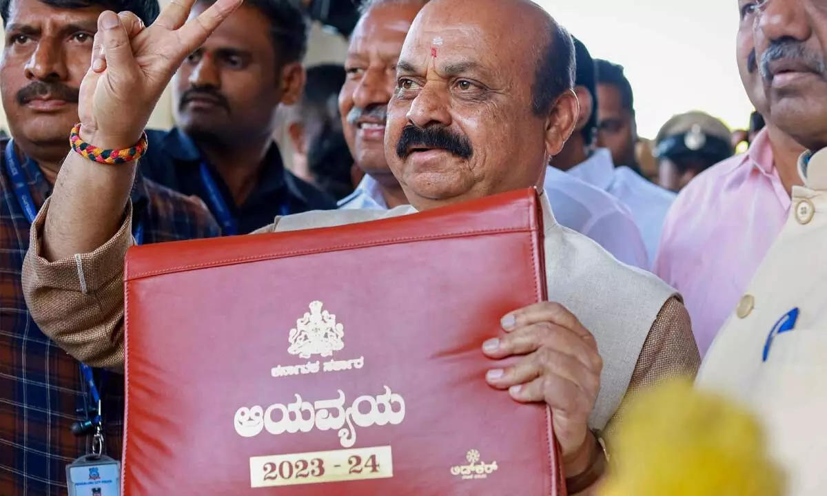 Chief Minister Basavaraj Bommai arrives to present the State Budget for the financial year 2023-24, at Vidhana Soudha in Bengaluru on Friday