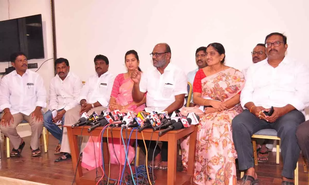 DCCB Director Tulluri Brahmaiah along with former MP Ponguleti’s followers speaking to the media in Khammam  on Friday.