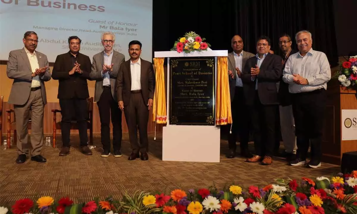 CAREERS 360 Founder and Chairman Maheswer Peri along with SRM-AP Pro-Chancellor Dr Satyanarayanan launching Paari School of Business at SRM University-AP at Neerukonda on Friday