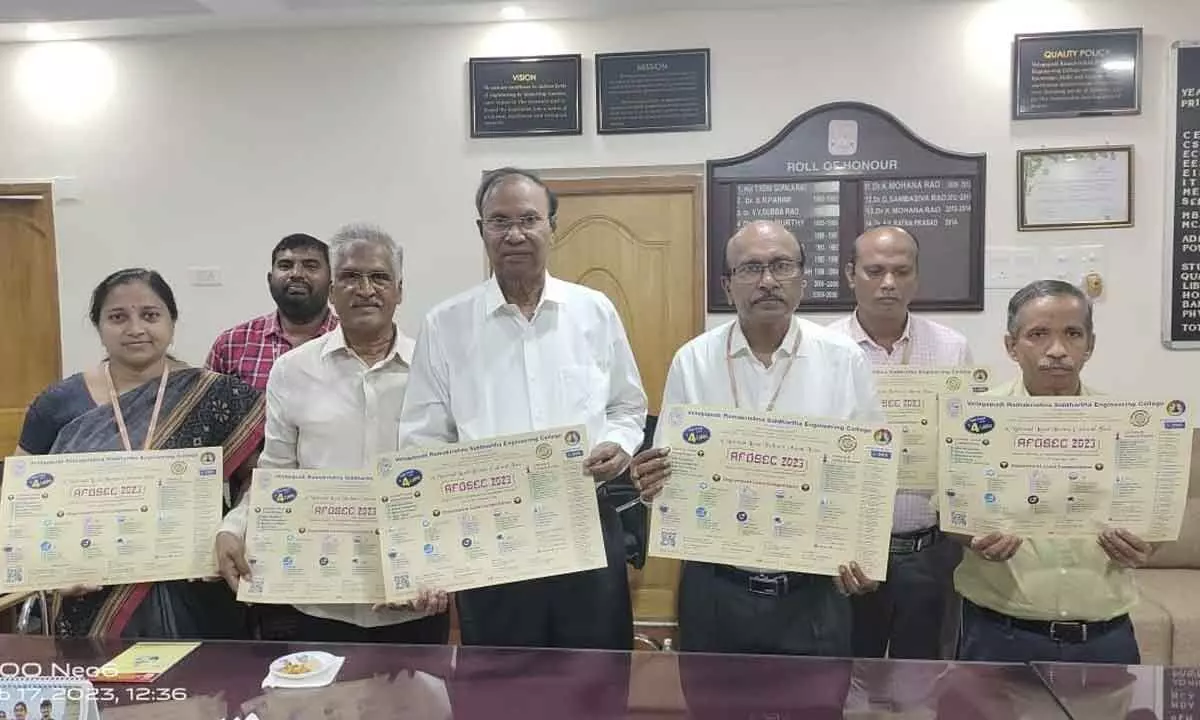 Malineni Rajaiah, vice-president of Siddhartha Academy, along with Principal Dr AV Ratna Prasad and others releasing brochures of the forthcoming annual festival of Siddhartha Engineering College in Vijayawada on Friday