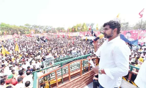 TDP national general secretary Nara Lokesh addressing a public meeting in Srikalahasti Assembly constituency on Friday