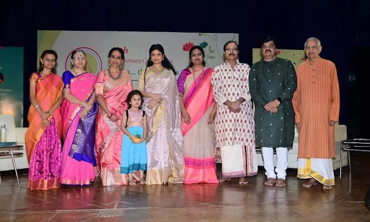 The team of PaRa, led by Carnatic singer Pantula Rama, along with Padma Shri award recipient Bombay Jayashri and other participants in Visakhapatnam on Sunday