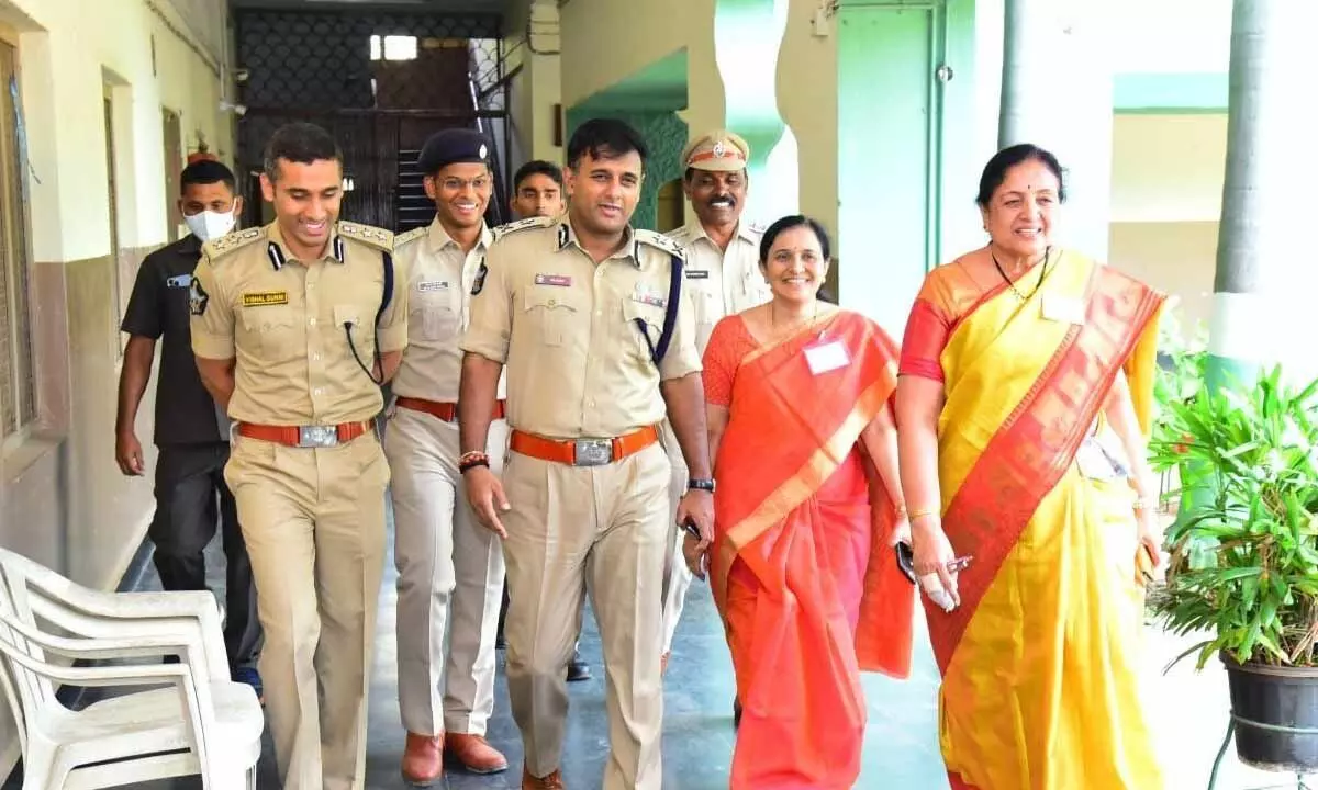 Police Commissioner Kanthi Rana Tata visiting an examination centre in Vijayawada on Sunday. DCPs Vishal Gunny and K Srinivas are also seen.
