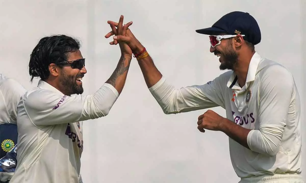 India’s Ravindra Jadeja and Axar patel react during the third day of the 2nd Test against  Australia, at the Arun Jaitley Stadium, in New Delhi on Sunday