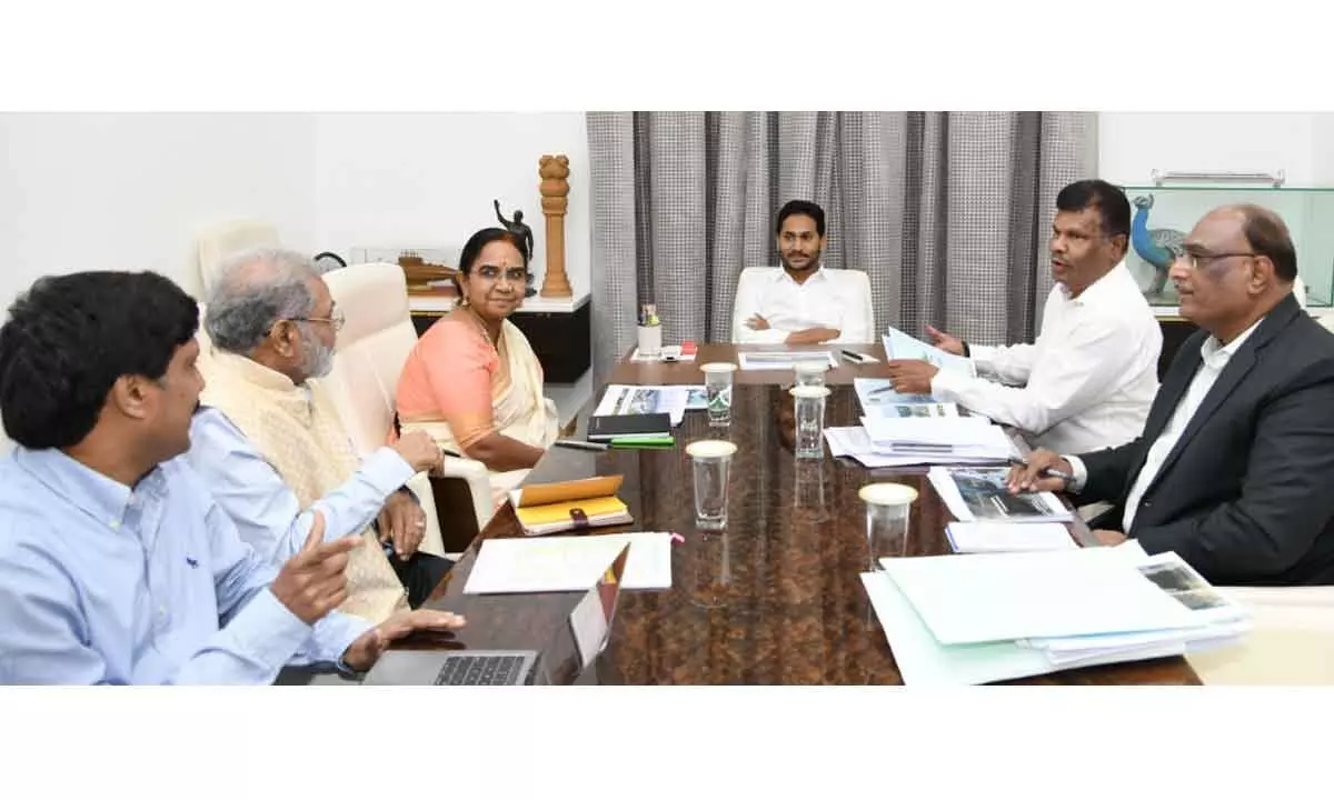 Chief Minister Y S Jagan Mohan Reddy holds a review on new industrial policy at his camp office in Tadepalli on Monday