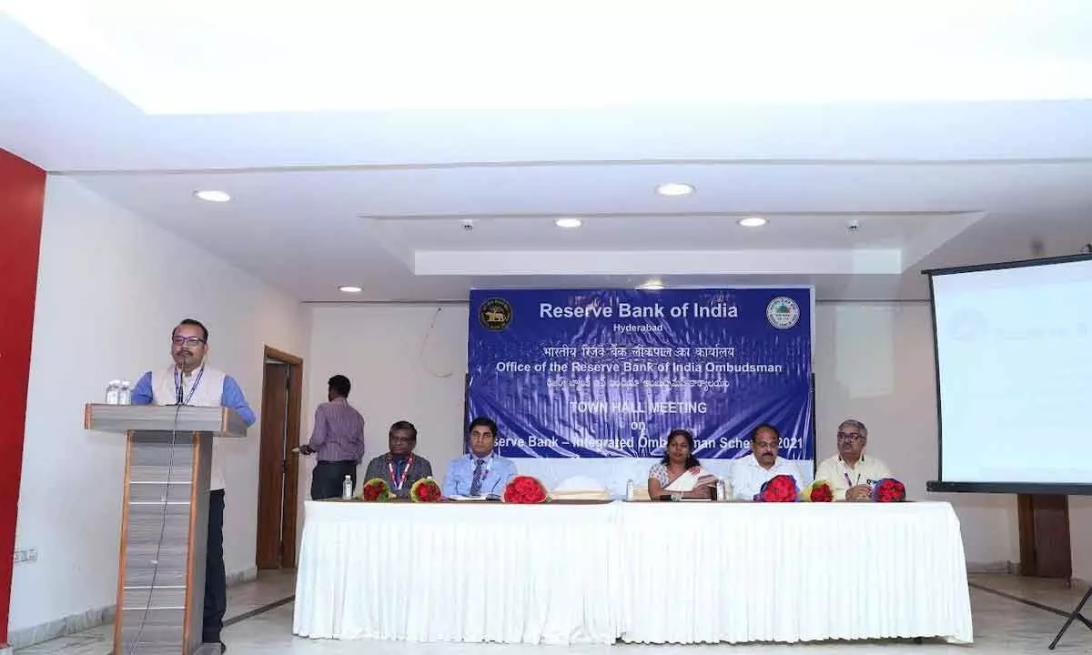 Experts speaking at the townhall meeting organised for creating awareness on Reserve Bank of India - Integrated Ombudsman Scheme (RB-10S) 2021 in Visakhapatnam on Monday