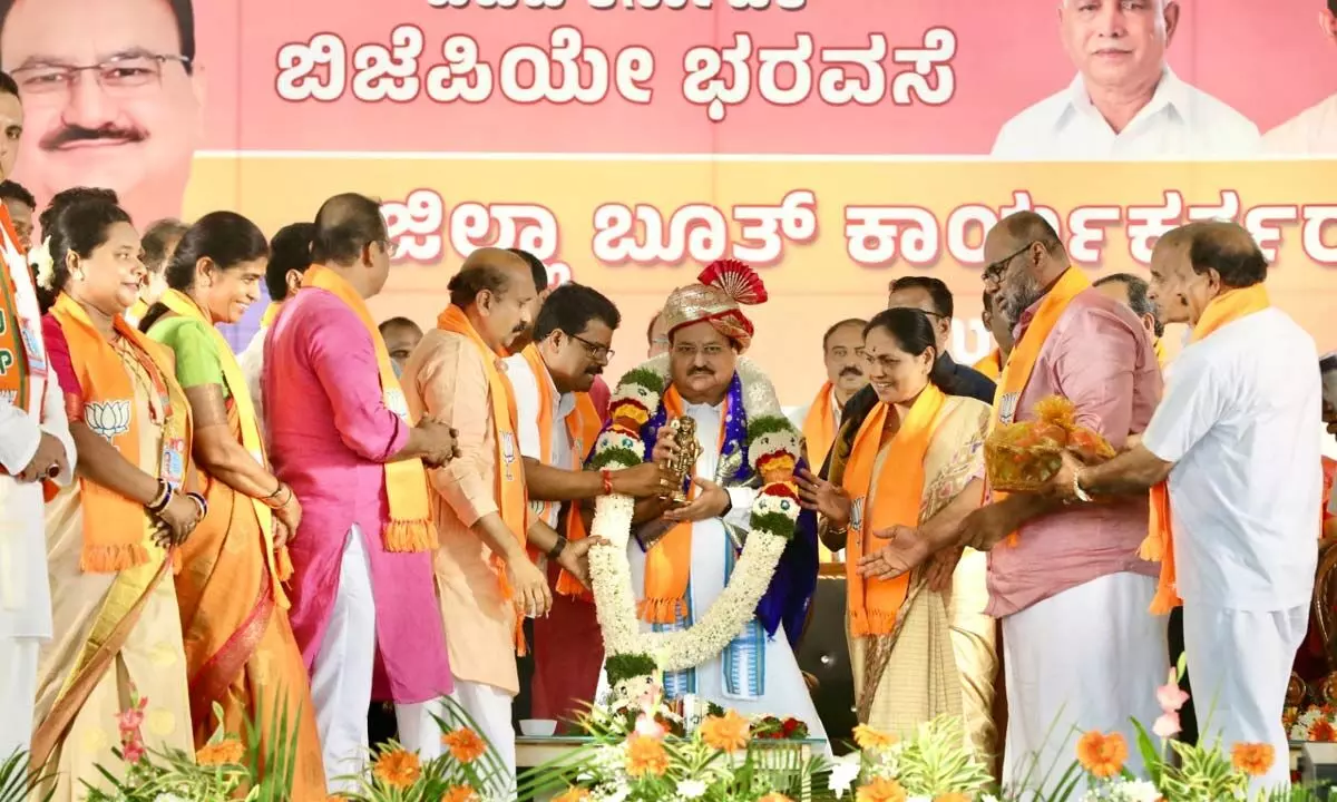 BJP National President JP Nadda during the District Booth Committee Convention in Udupi on Monday