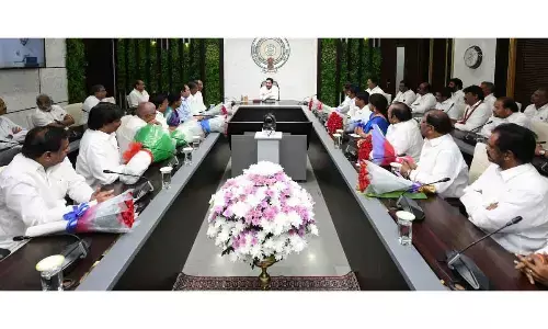 Chief Minister Y S Jagan Mohan Reddy holding a meeting with YSRCP MLC candidates at his camp office in Tadepalli on Monday